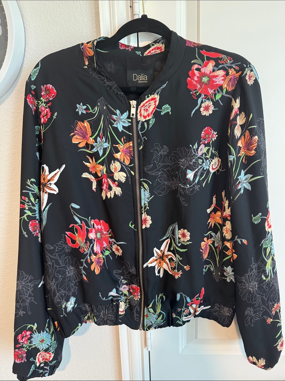 Dalia Black Floral Zip-Front Bomber Jacket